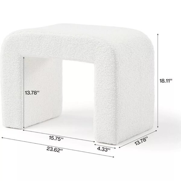 White Boucle Upholstered Vanity Stool with Modern Curved Square Design