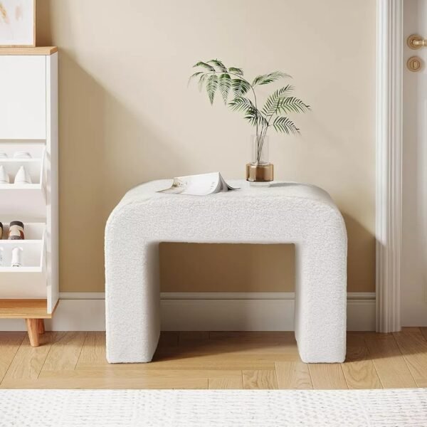 White Boucle Upholstered Vanity Stool with Modern Curved Square Design