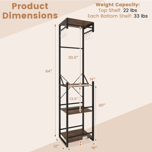 Slim Freestanding Coat Rack with Shelves, Hooks and Hanging Rods