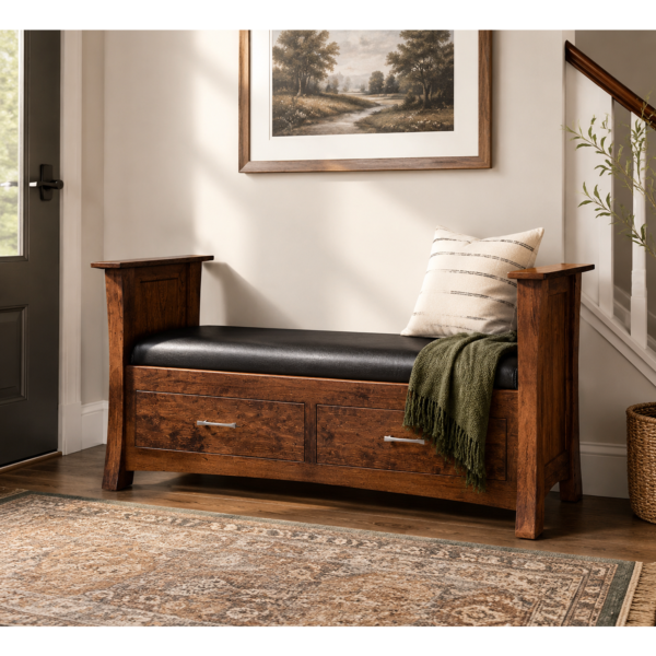 Solid Wood Storage Bench With Leather Seat For Entryway