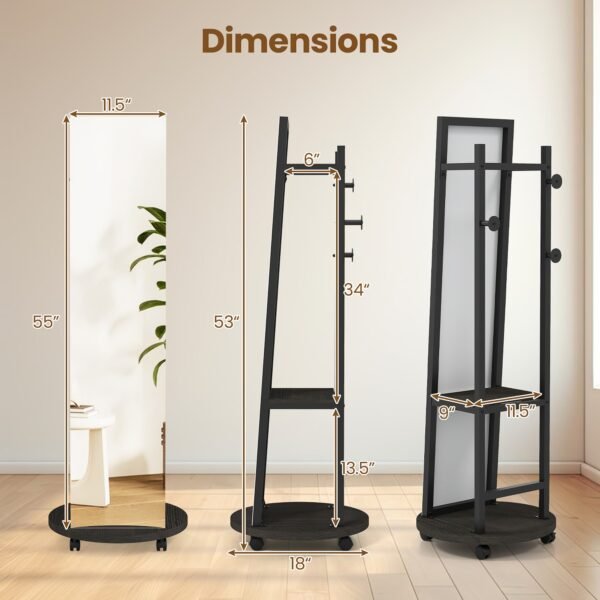 Coat Rack with Full-Length Mirror, Hooks, Shelves and Wheels