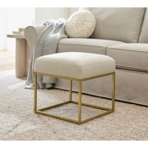 Upholstered Square Ottoman with Gold Metal Frame and Padded Seat