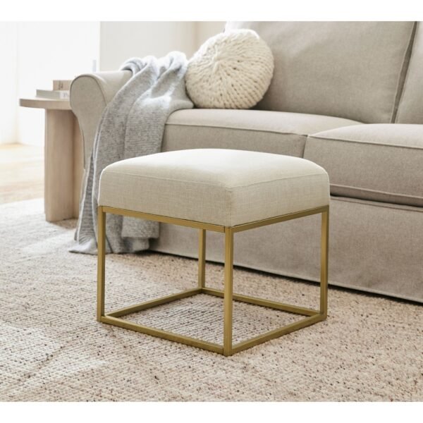 48 Upholstered Square Ottoman with Gold Metal Frame and Padded Seat