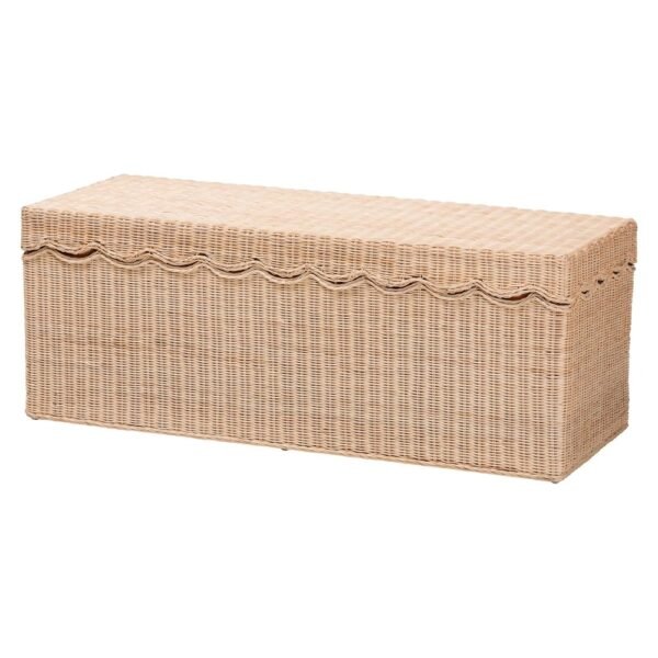 Natural Rattan Storage Bench with Lift-Top Lid Coastal Scallop Design