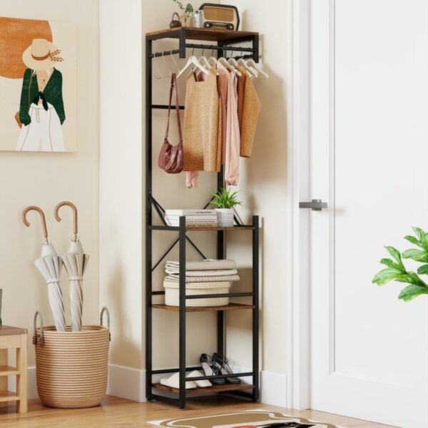 Slim Freestanding Coat Rack with Shelves, Hooks and Hanging Rods