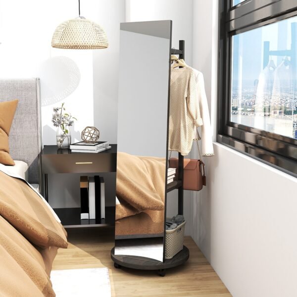 Coat Rack with Full-Length Mirror, Hooks, Shelves and Wheels