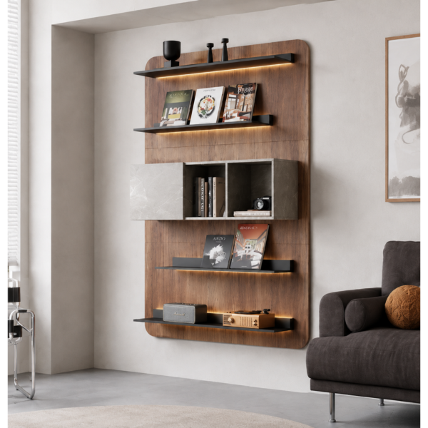 Modern Five Tier Walnut Floating Bookshelf with LED Storage Shelves