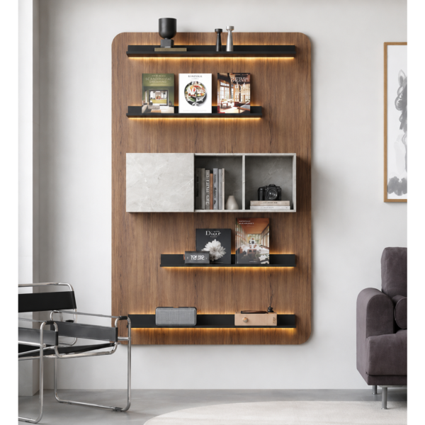 Modern Five Tier Walnut Floating Bookshelf with LED Storage Shelves