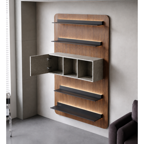 Modern Five Tier Walnut Floating Bookshelf with LED Storage Shelves