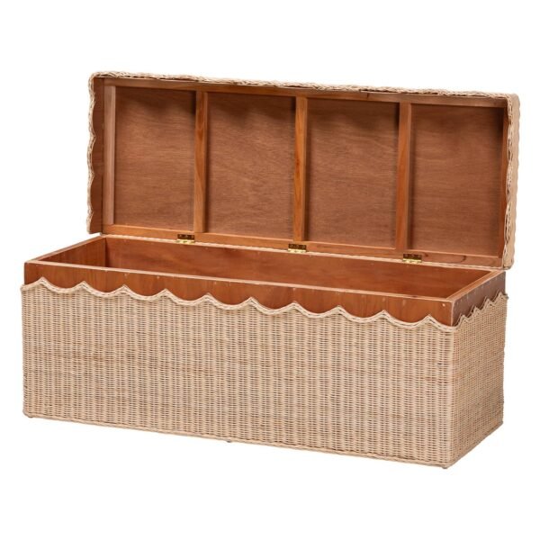Natural Rattan Storage Bench with Lift-Top Lid Coastal Scallop Design