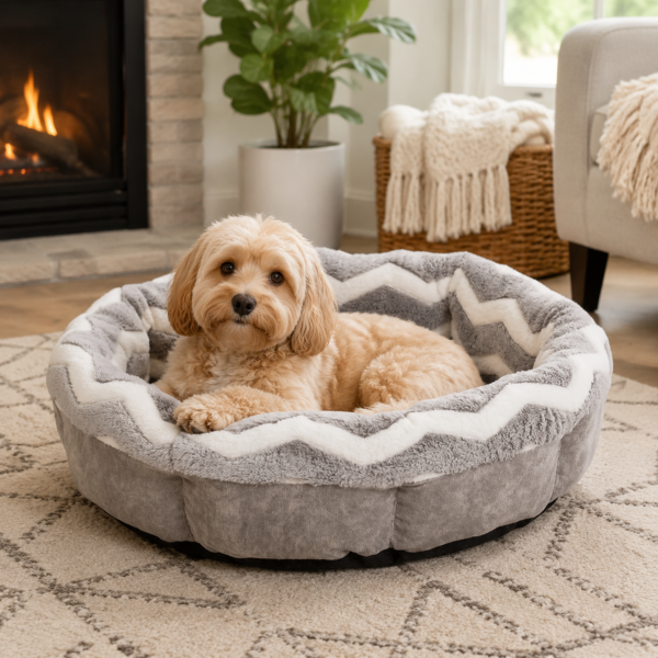 Round Shearling Bolster Dog Bed with Supportive Walls for Pets