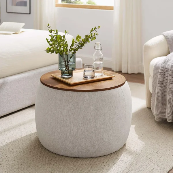 6 Round Upholstered Ottoman Coffee Table with Wooden Top Modern Design