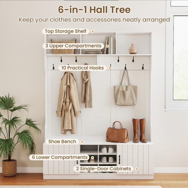 59-Inch 6-in-1 Hall Tree with Bench, Hooks and Shoe Storage