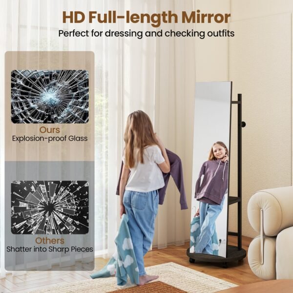 Coat Rack with Full-Length Mirror, Hooks, Shelves and Wheels