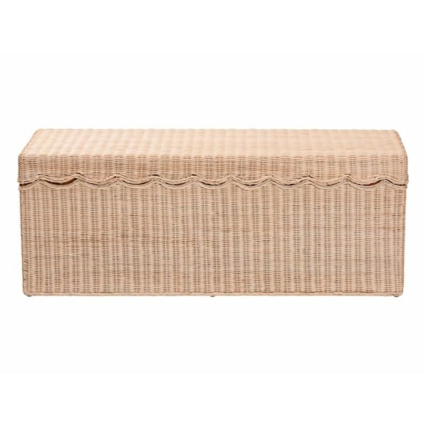 Natural Rattan Storage Bench with Lift-Top Lid Coastal Scallop Design