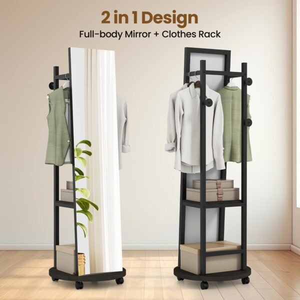 Coat Rack with Full-Length Mirror, Hooks, Shelves and Wheels
