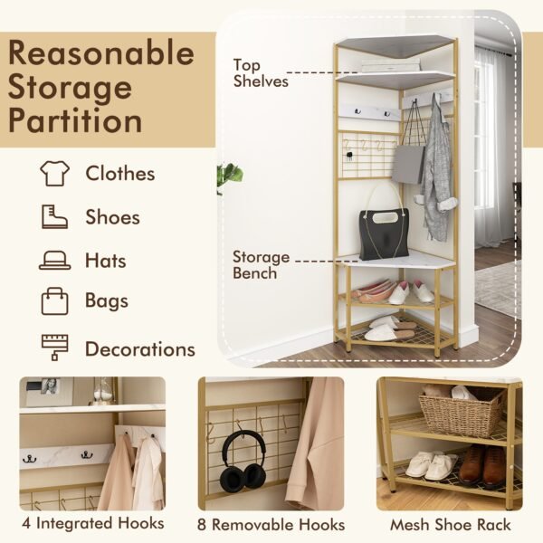 5-Tier Corner Hall Tree with Shoe Storage Bench and Coat Hooks