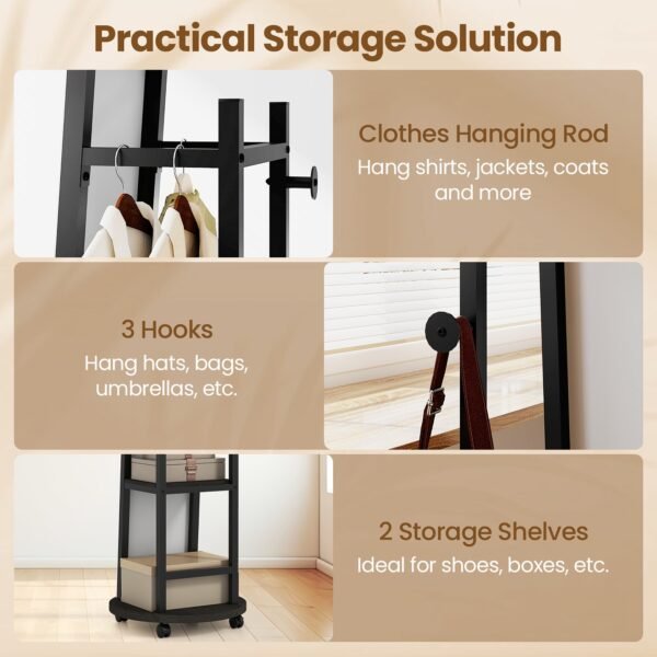 Coat Rack with Full-Length Mirror, Hooks, Shelves and Wheels