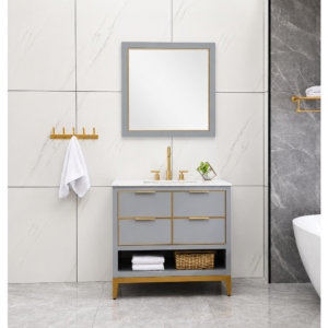 Grey Bathroom Vanity Cabinet with Open Storage and Laundry Space