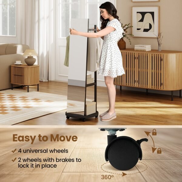 Coat Rack with Full-Length Mirror, Hooks, Shelves and Wheels