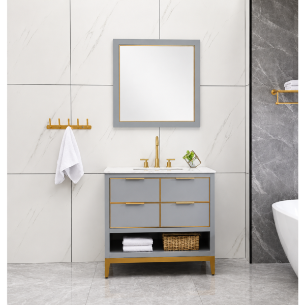 9 Grey Bathroom Vanity Cabinet with Open Storage and Laundry Space
