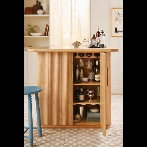 Tall Fluted Bar Cabinet in Burl Wood