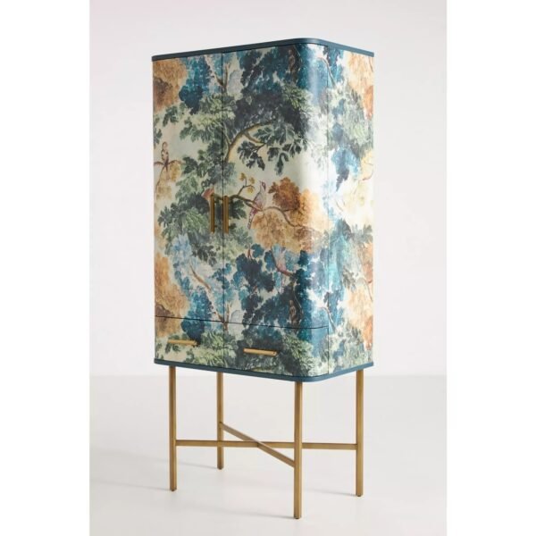 Tapestry-Inspired Bar Cabinet with Brass-Accented Doors