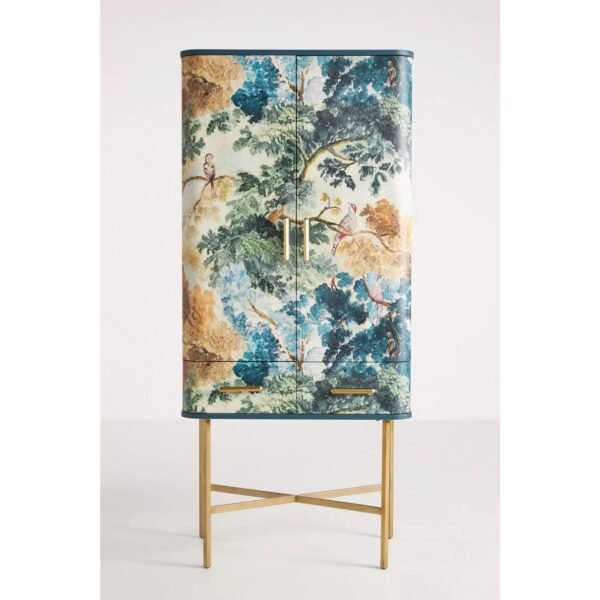 Tapestry-Inspired Bar Cabinet with Brass-Accented Doors