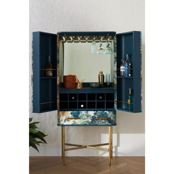 Tapestry-Inspired Bar Cabinet with Brass-Accented Doors