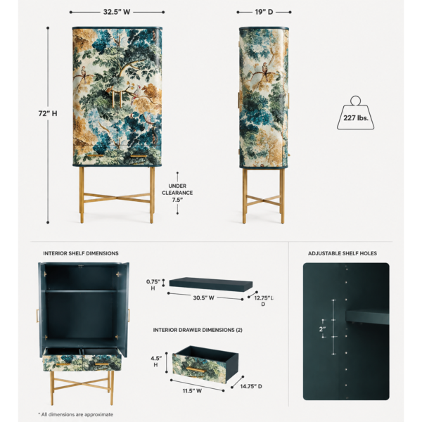 Tapestry-Inspired Bar Cabinet with Brass-Accented Doors