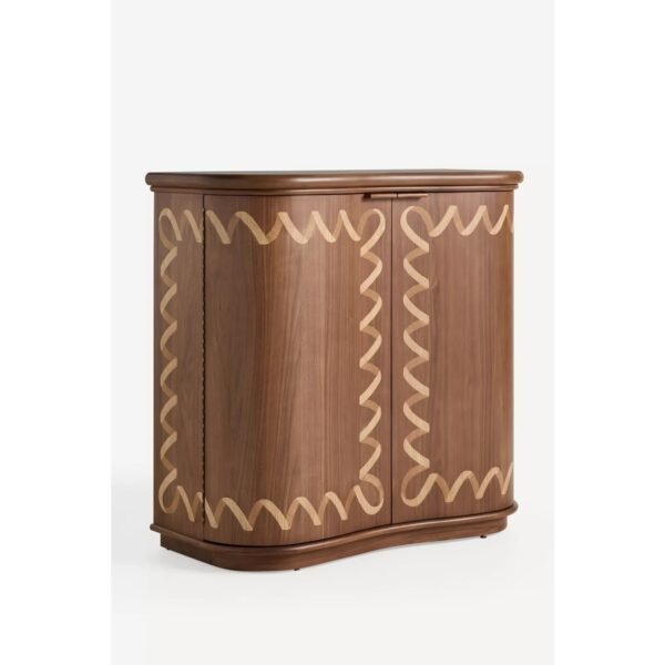 Solid Eucalyptus Wood Bar Cabinet with Wavy Inlay Detail
