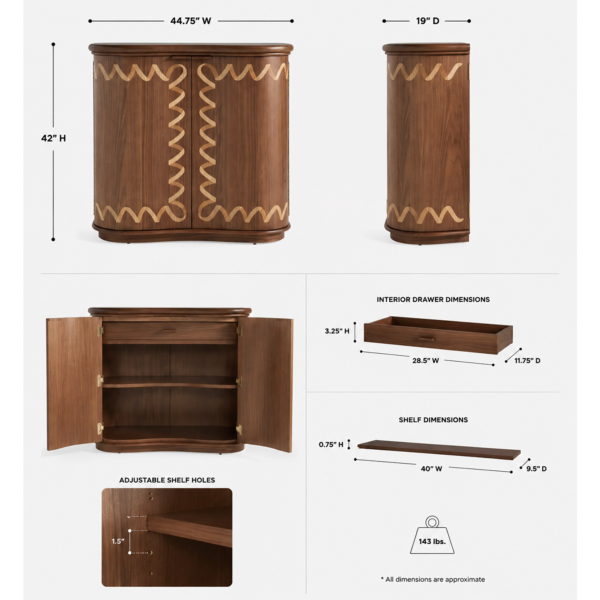 Solid Eucalyptus Wood Bar Cabinet with Wavy Inlay Detail