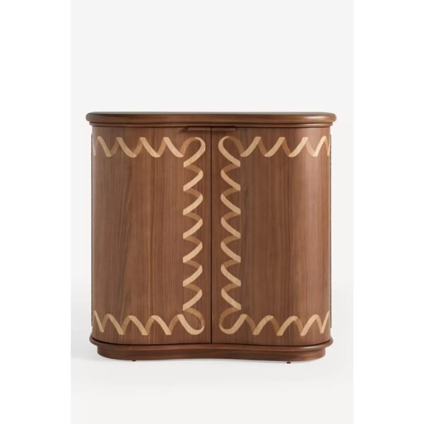 Solid Eucalyptus Wood Bar Cabinet with Wavy Inlay Detail