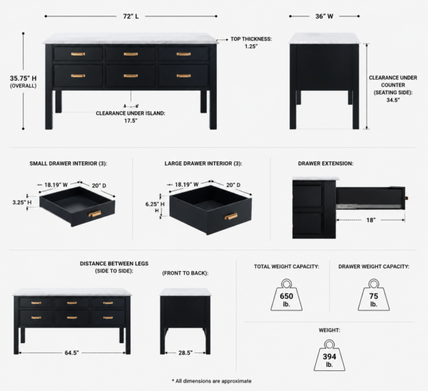72" Kitchen Island with Marble Top