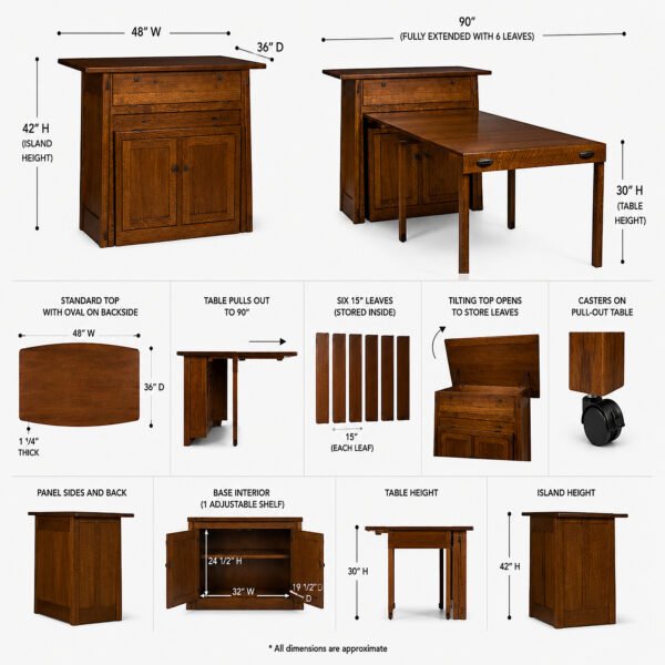 Solid Wood Kitchen Island with Pull-Out Extension Table