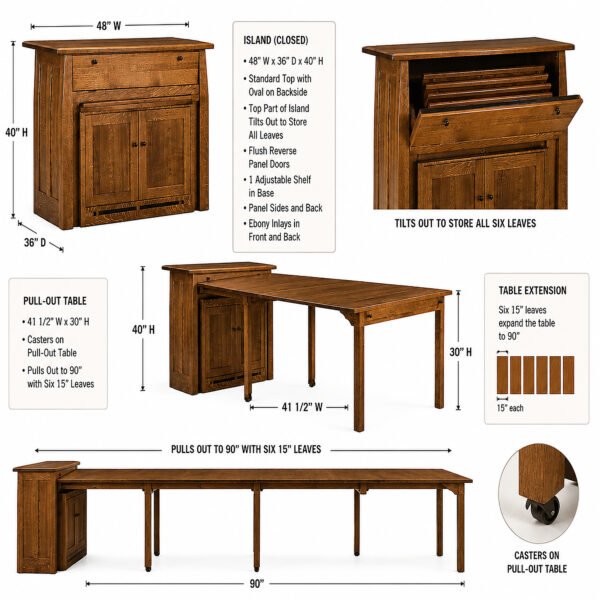 Solid Wood Kitchen Island with Pull-Out Table and Ebony Inlays