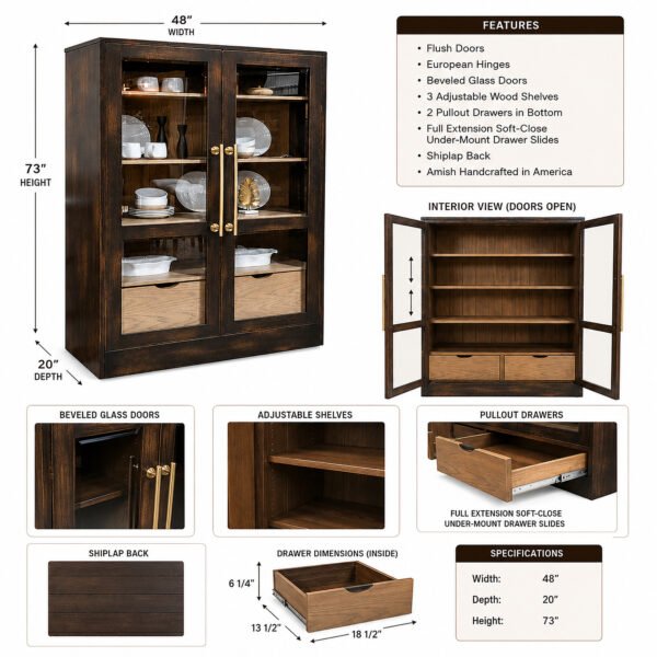 Solid Wood Display Cabinet with Beveled Glass Doors
