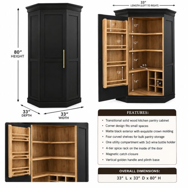 Transitional Corner Kitchen Pantry Cabinet in Black