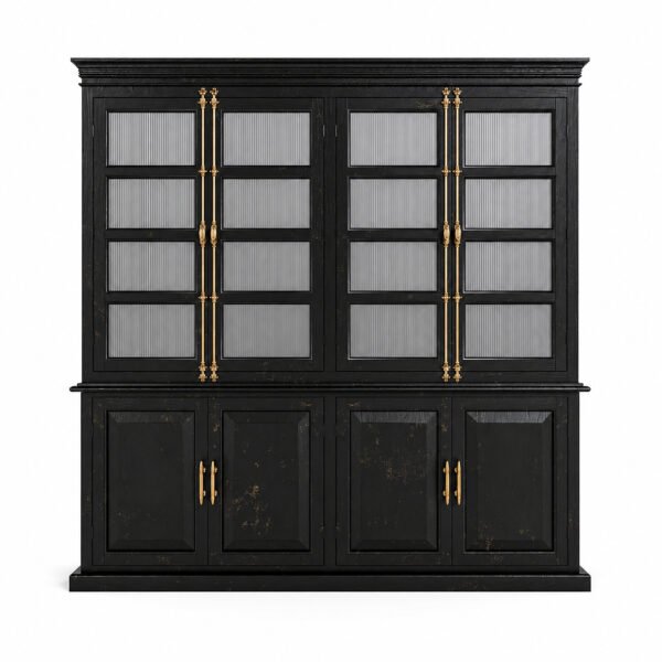 Freestanding Kitchen Pantry Cabinet with Glass Doors in Distressed Black