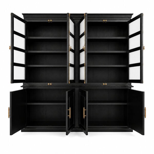 Freestanding Kitchen Pantry Cabinet with Glass Doors in Distressed Black
