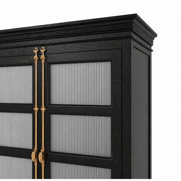 Freestanding Kitchen Pantry Cabinet with Glass Doors in Distressed Black