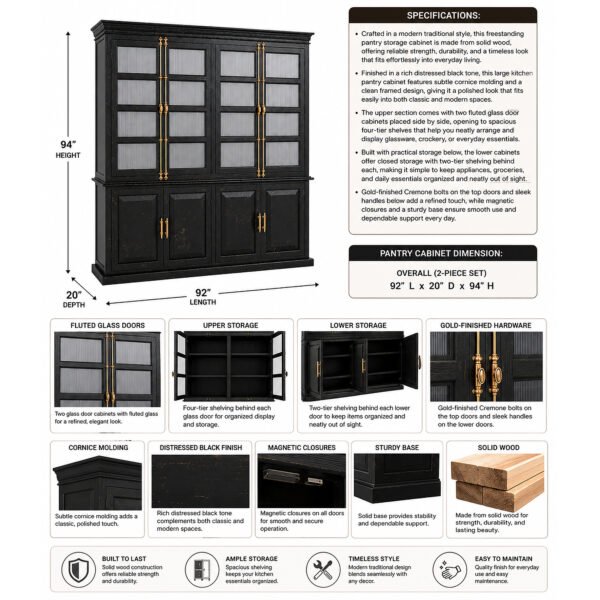 Freestanding Kitchen Pantry Cabinet with Glass Doors in Distressed Black