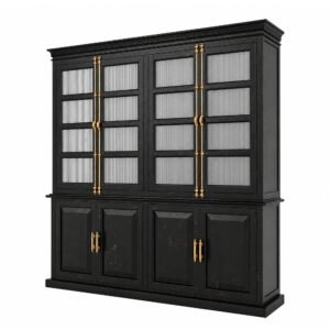 Freestanding Kitchen Pantry Cabinet with Glass Doors in Distressed Black
