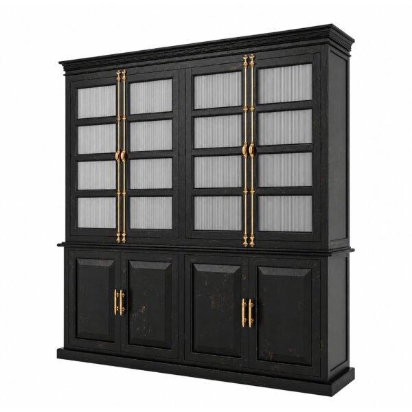 Freestanding Kitchen Pantry Cabinet with Glass Doors in Distressed Black